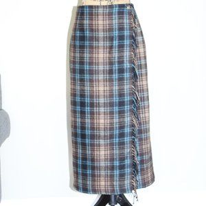 Cambridge Country Brown Blue Plaid Wool Blend Blanket Fringe Maxi Skirt 8P